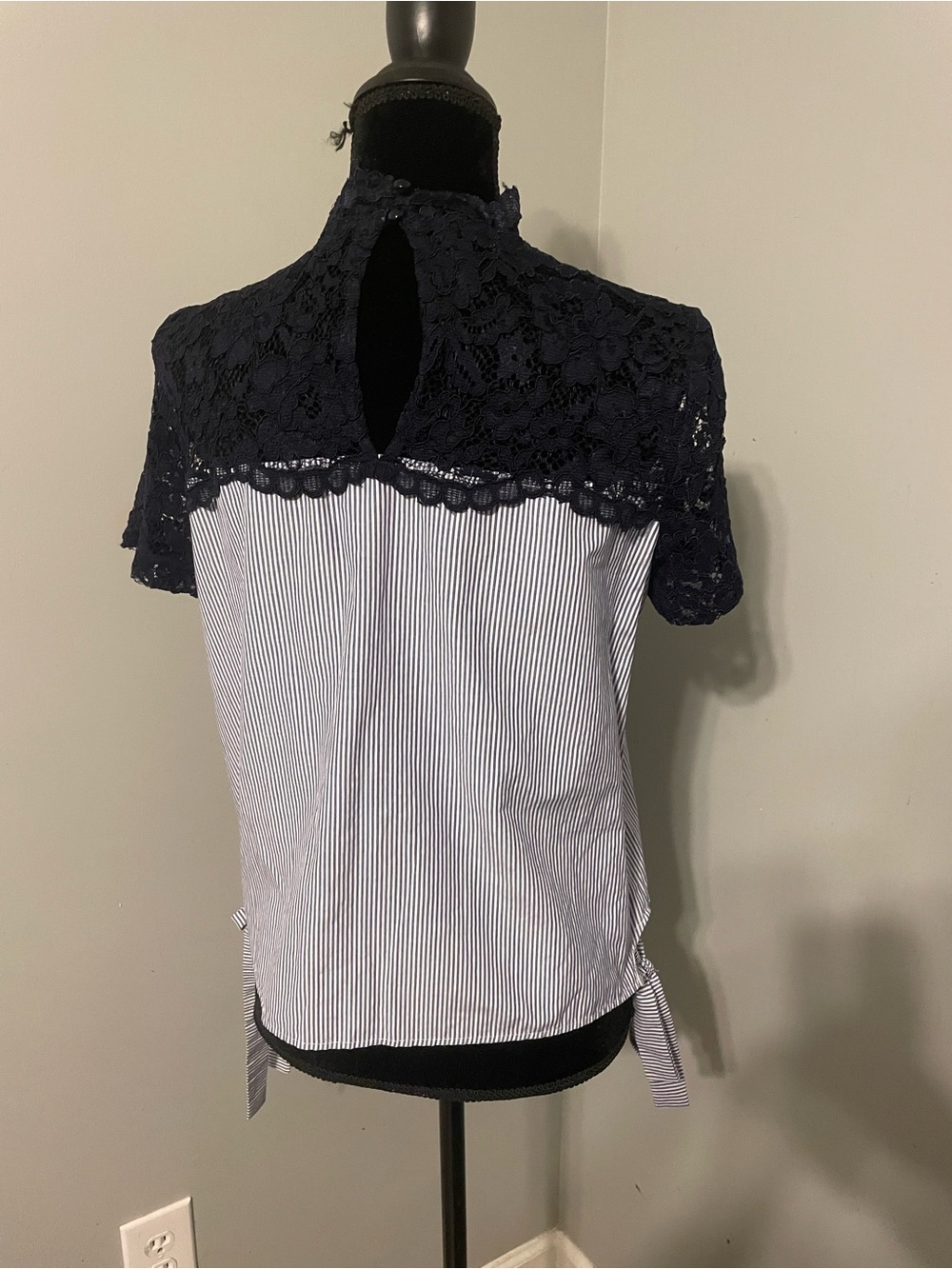 Zara Navy Lace Yoke Striped Tie-Side Blouse - Picture 3 of 4